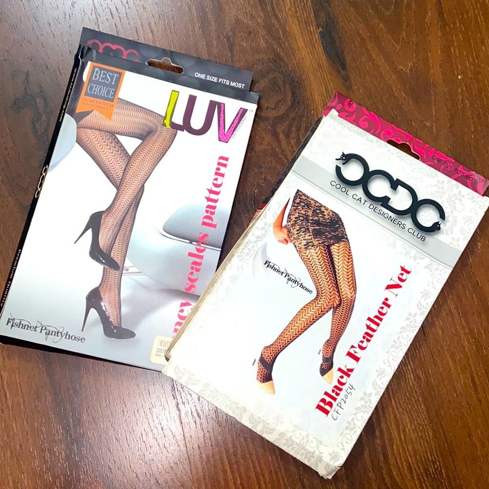 2 CCDC LACE TIGHTS NYLONS FISHNET PANTYHOSE feather net & scales print NEW OSFM